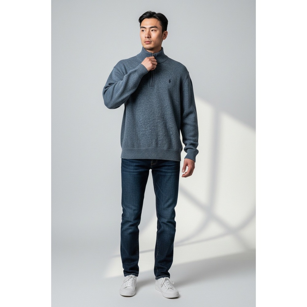 Polo Ralph Lauren Mens Quarter‎ Zip Sweater Blue Grey Heather L Pony Logo 0817